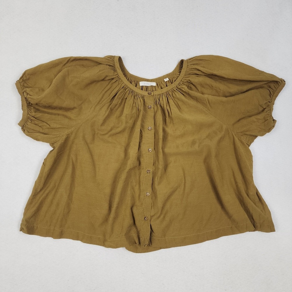 Doen Blouse Top Womens Large Mustard Yellow Puff Sleeve Button Front Casual